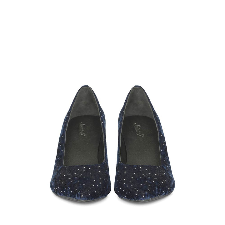 Saint Eleonore Navy Velvet Strass block Heel Pumps