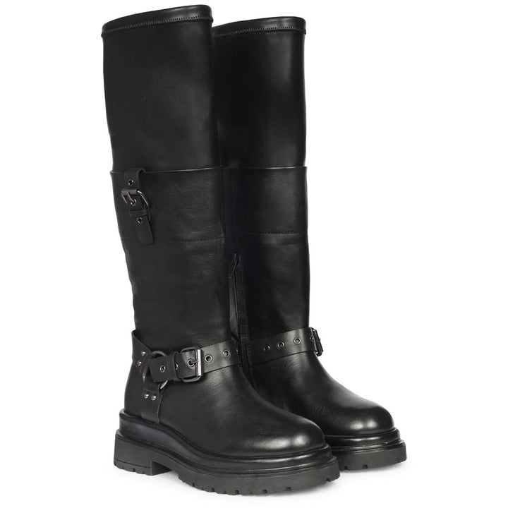 Saint Cora Fold-Over Cuff Black Leather Long Boots