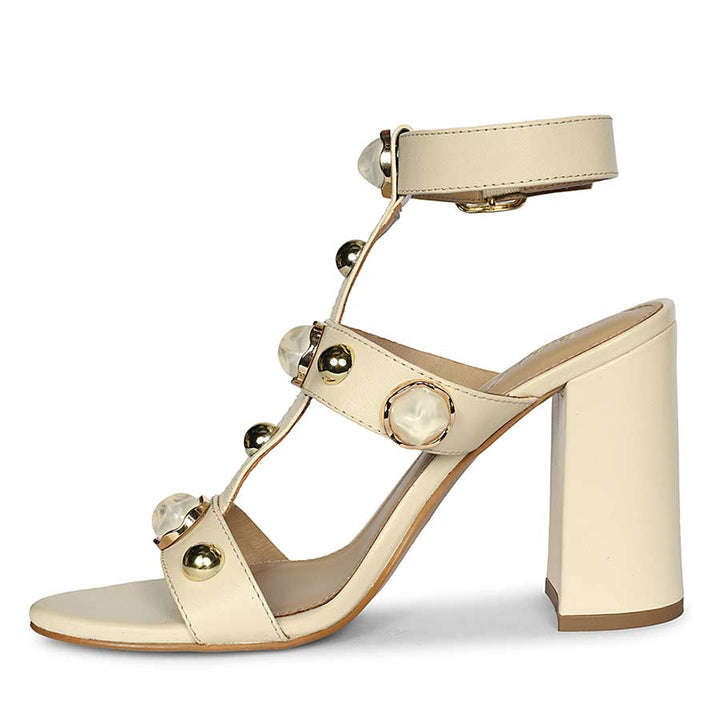 Saint Hope Studded Off white Leather Block Heels
