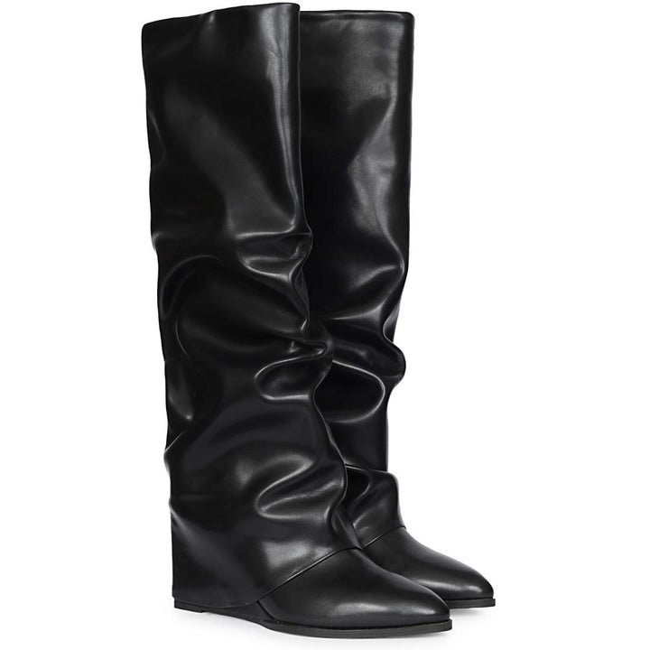 Saint Black Leather Wedge Long Boots