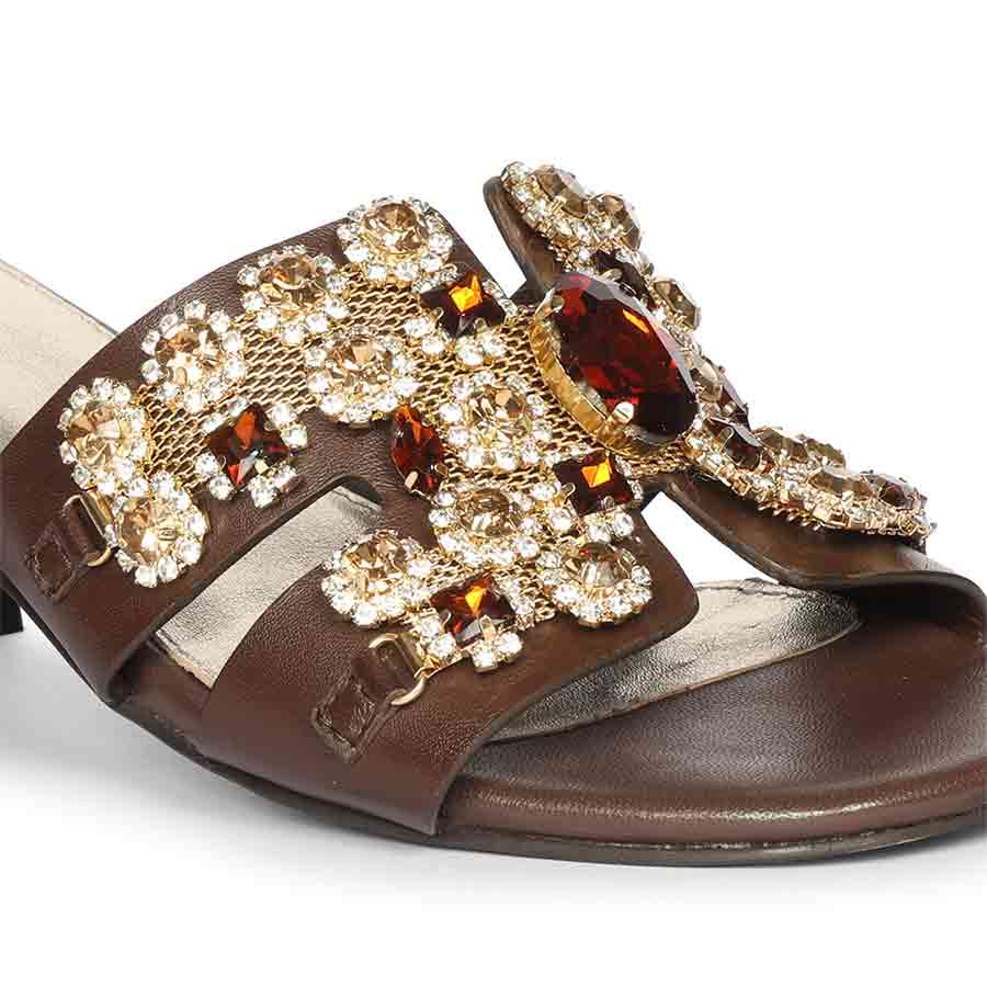 Saint Fiorenza Stone Embroidered Brown Leather Block Heels