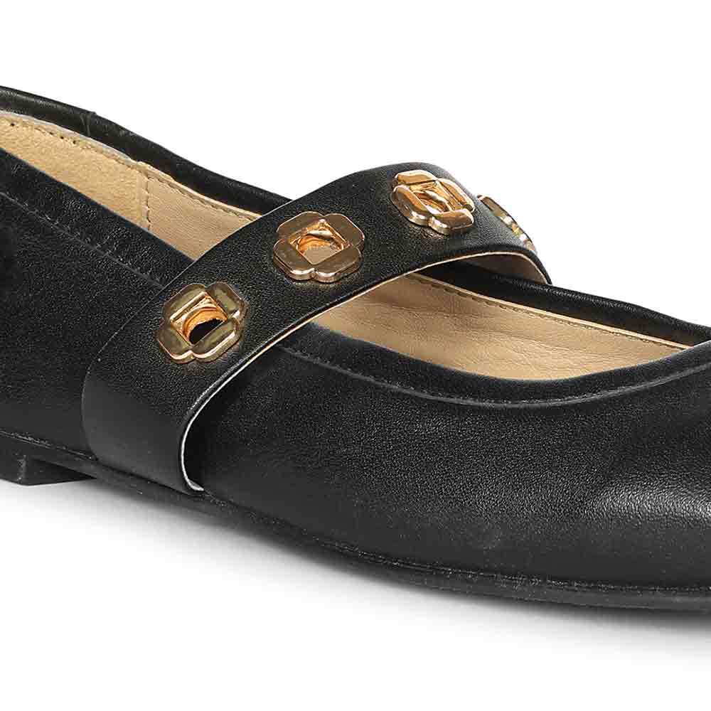 Saint Olwen Flower Eyelets Black Leather Ballet Flats