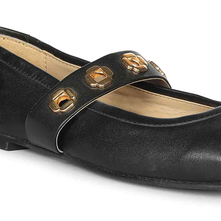 Saint Olwen Flower Eyelets Black Leather Ballet Flats