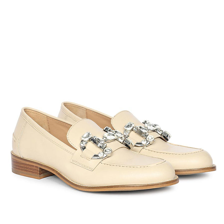 Saint Livia Crystal Buckle Beige Leather Moccasins