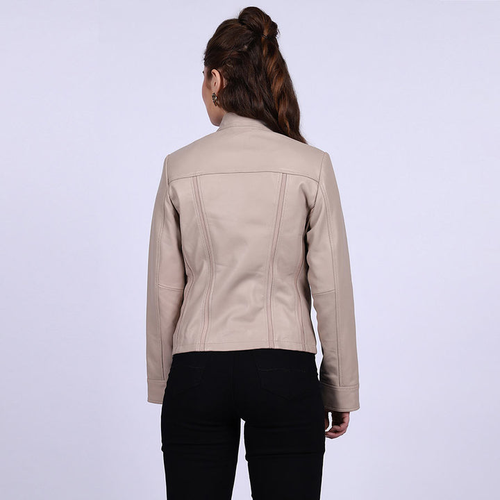 Beige genuine leather cafe racer jacket women