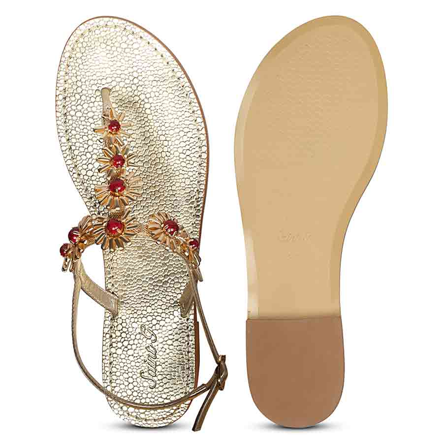 Saint Freesia Red Flower Gold Leather Sandals