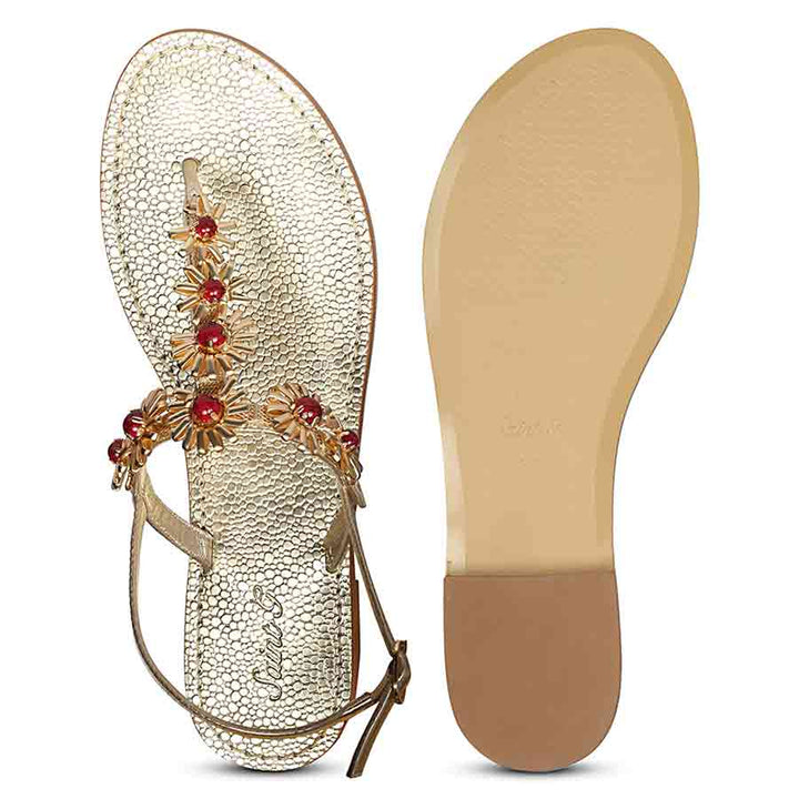 Saint Freesia Red Flower Gold Leather Sandals