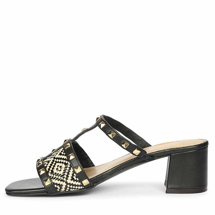 Saint Zafira Pyramid Stud Raffia Black Leather Block Heels