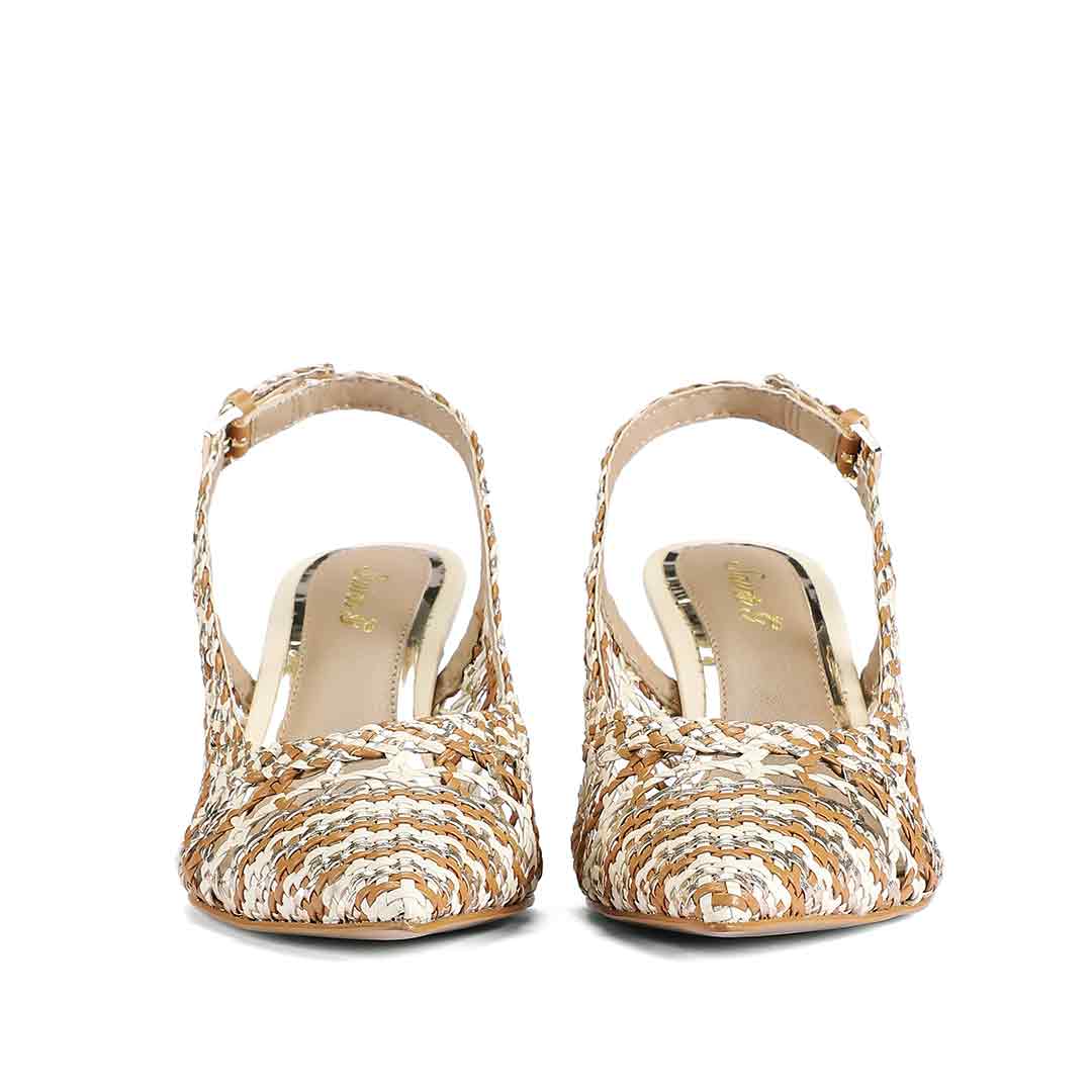 Saint Tamia Tan & Gold Hand Woven Leather Pumps