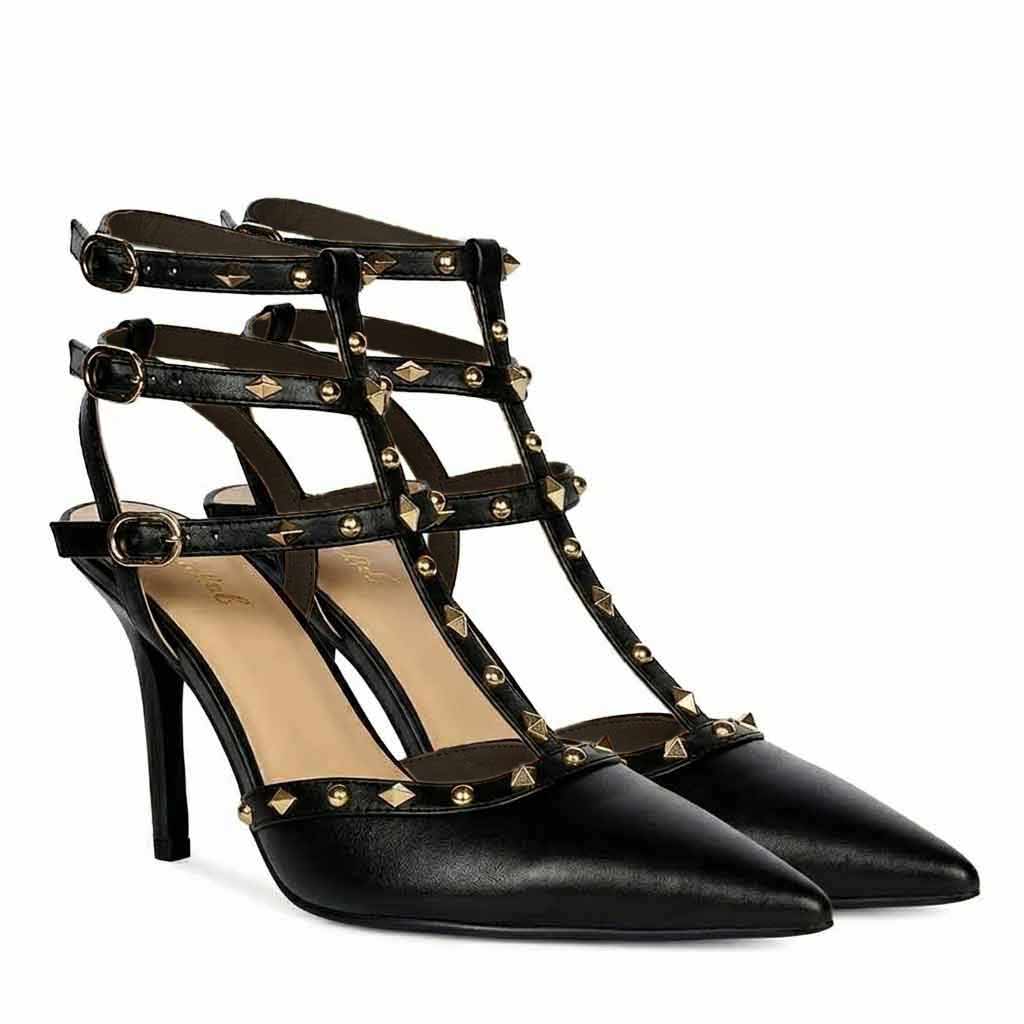 Saint Brittany Crystal Stone Black Leather High Heels
