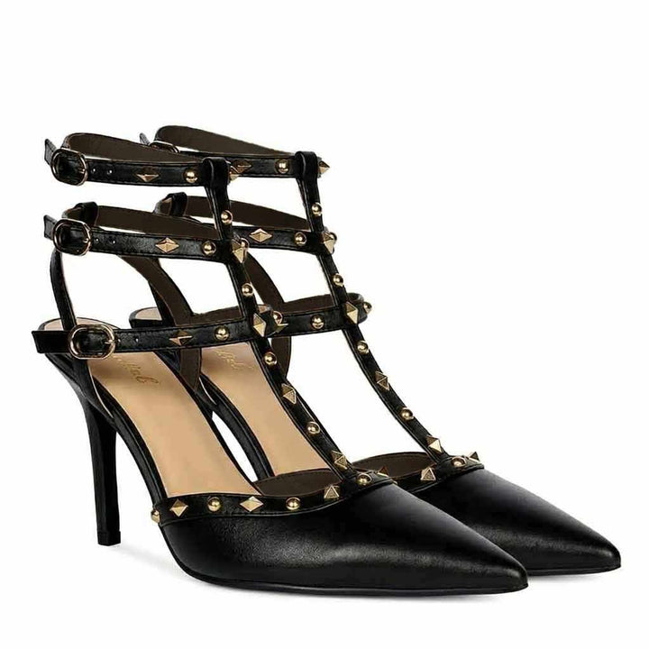 Saint Brittany Crystal Stone Black Leather High Heels
