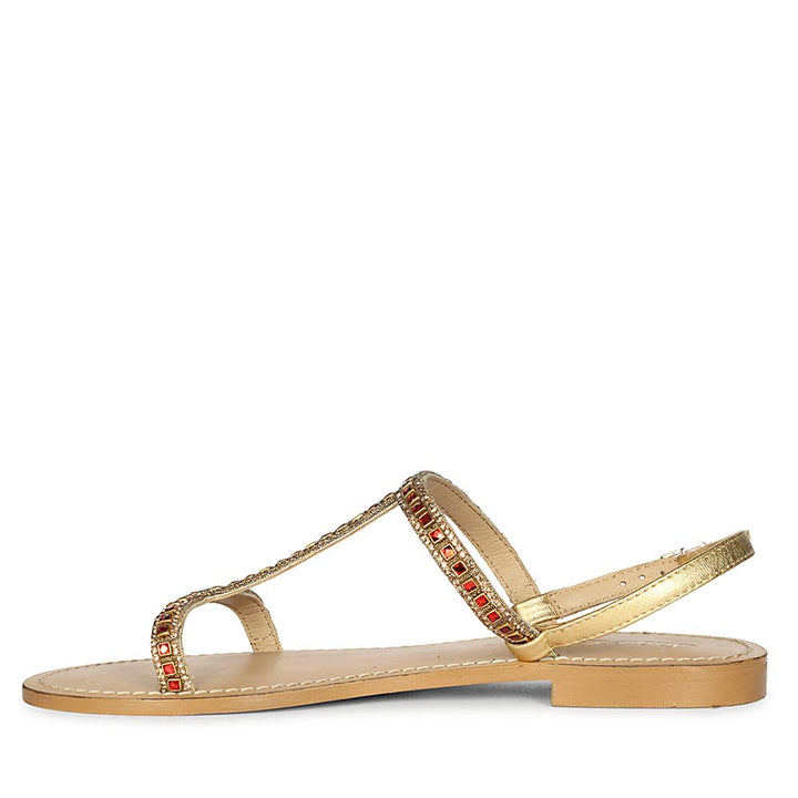 Saint Raelin Metallic Orange Leather Embellished Sandals