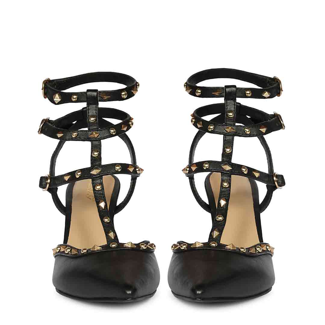 Saint Vorela Studded Multi Strap Black Leather Heels