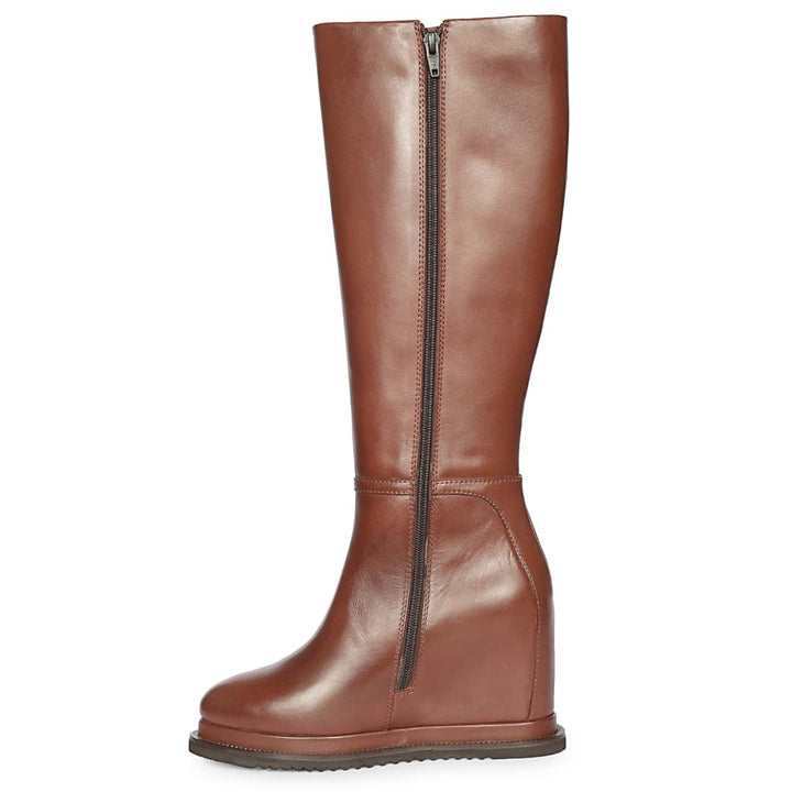 A brown leather knee-high riding boot with a side zipper