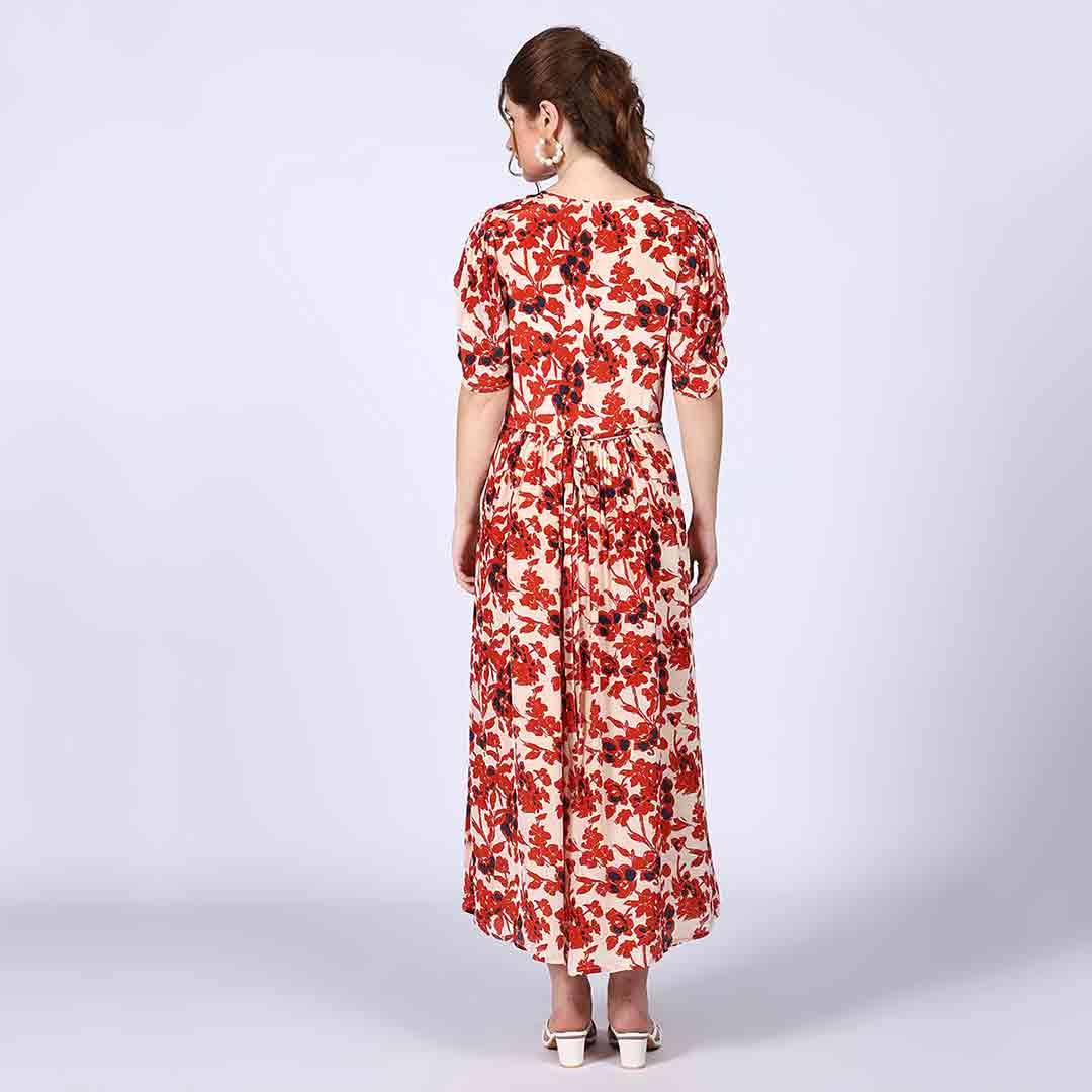 Saint Giselle Ivory Red Deep V-Neck Viscose Dress
