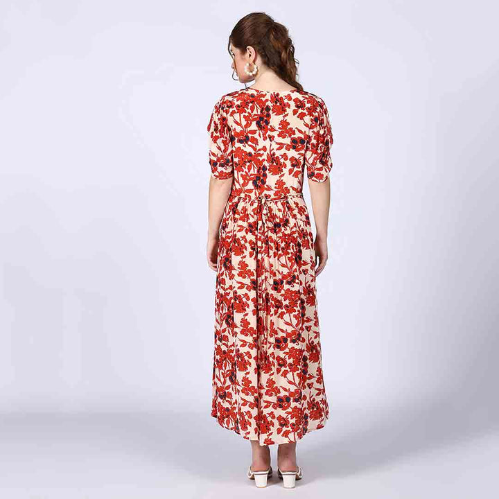 Saint Giselle Ivory Red Deep V-Neck Viscose Dress