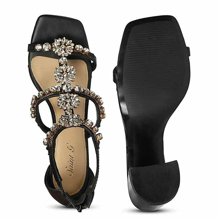 Saint Holly Crystal Stone Black Leather Block Heels