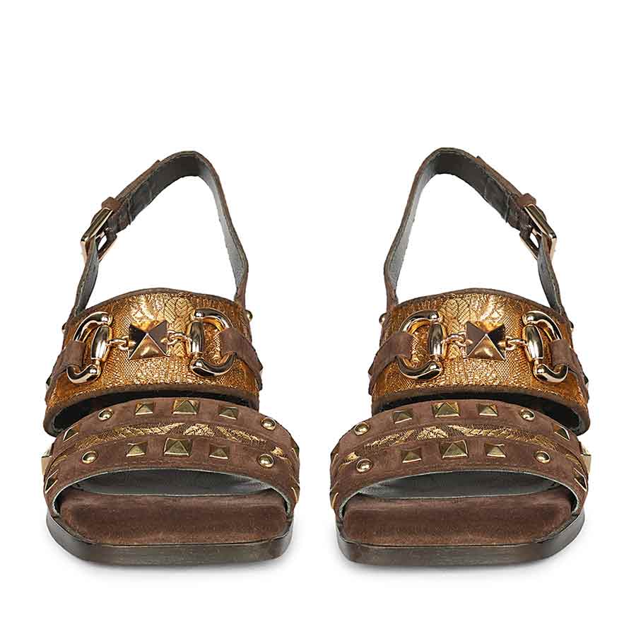 Saint Edie Embellished Metallic Brown Leather Block Heel