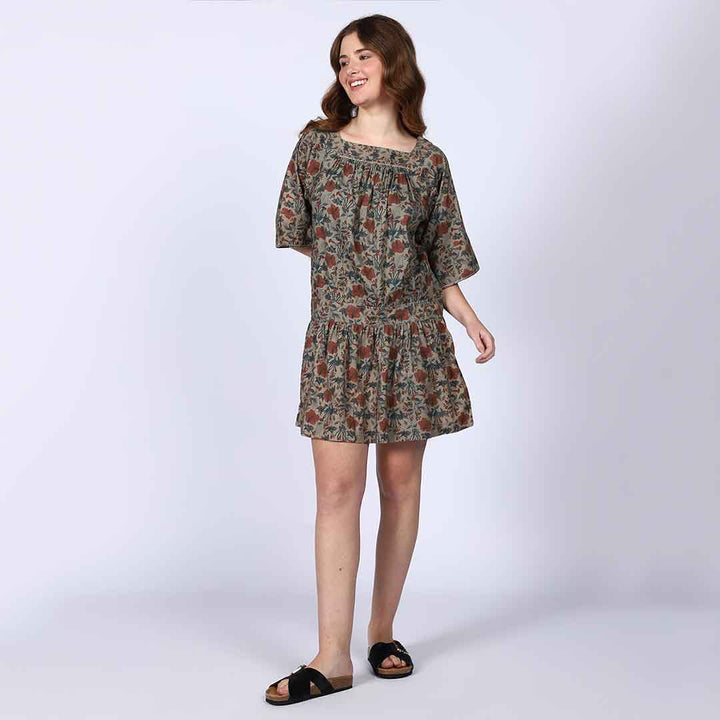 Saint Peyton Olive Printed Floral Cotton Poplin Mini Dress