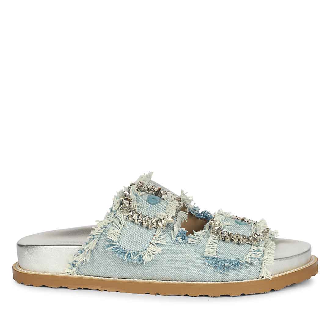 Saint Riviera Crystal Buckle Sky Denim Footbed Sandals