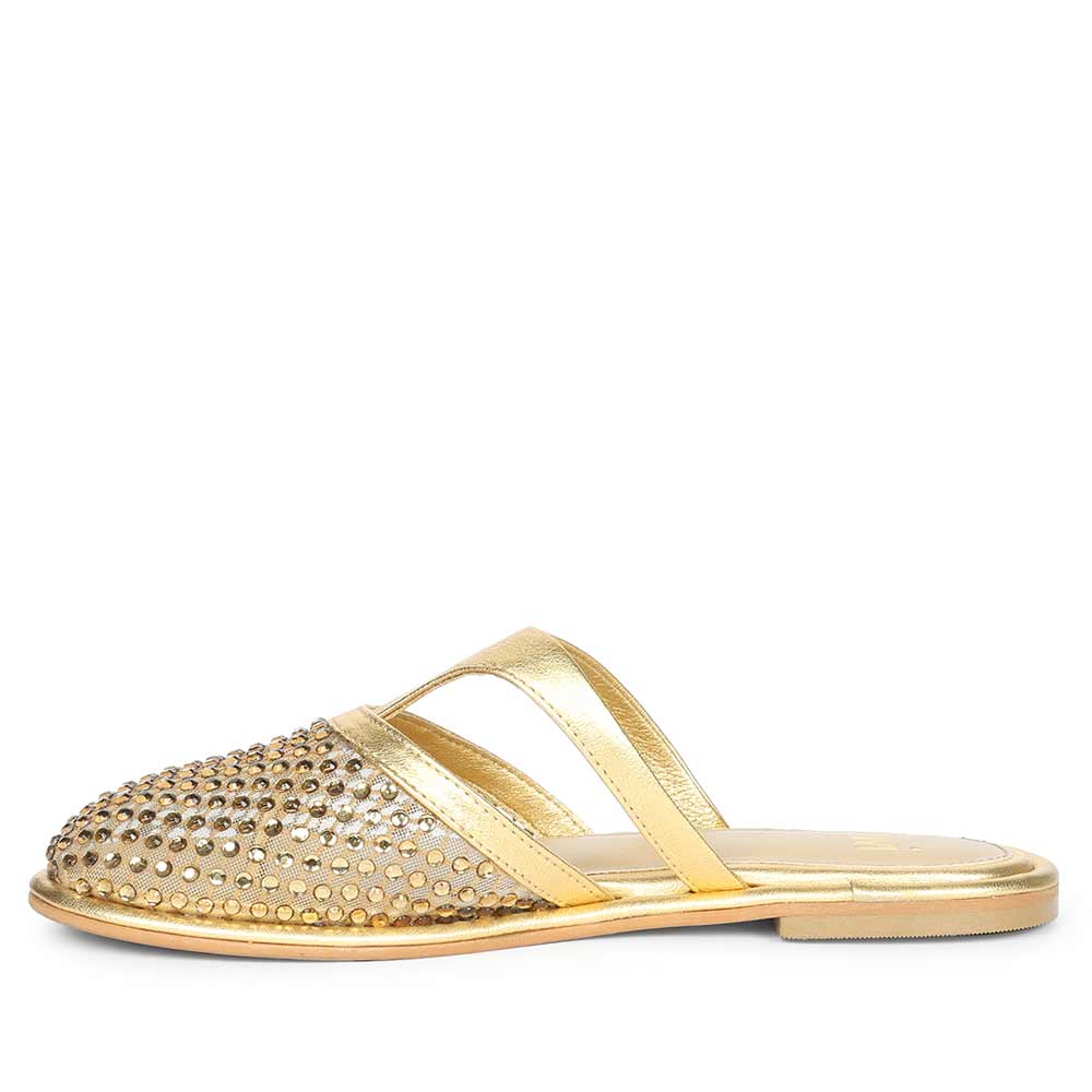 Saint Nerissa Crystal Mesh Gold Leather Mule Flats