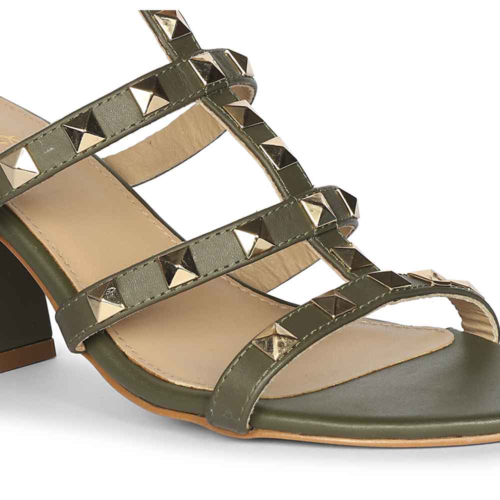 Saint Angela Gold Studs Olive Leather Block Heels