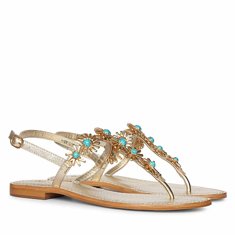 Saint Freesia Turquoise Flower Gold Leather Sandals