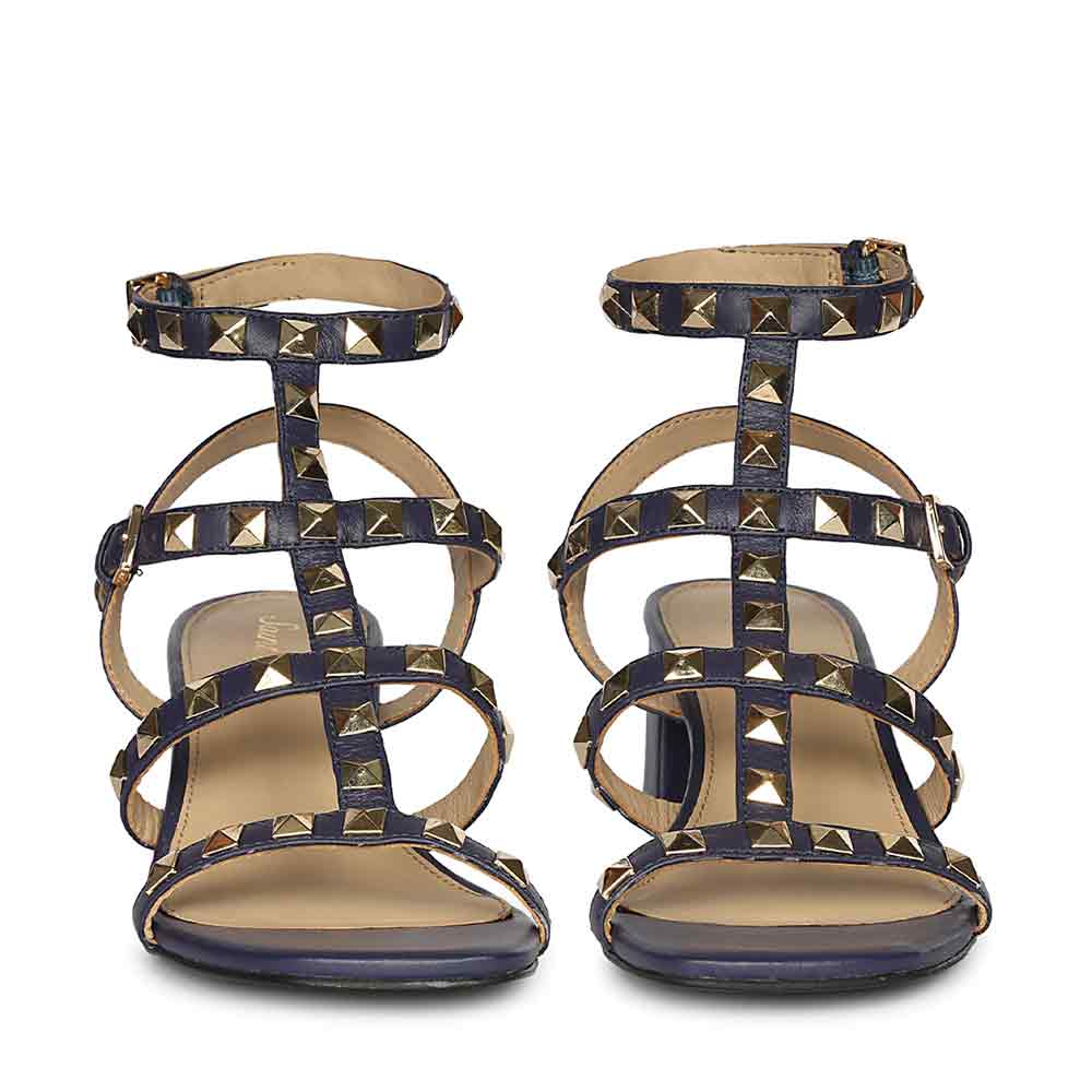 Saint Angela Gold Metal Double Buckle Navy Block Heels