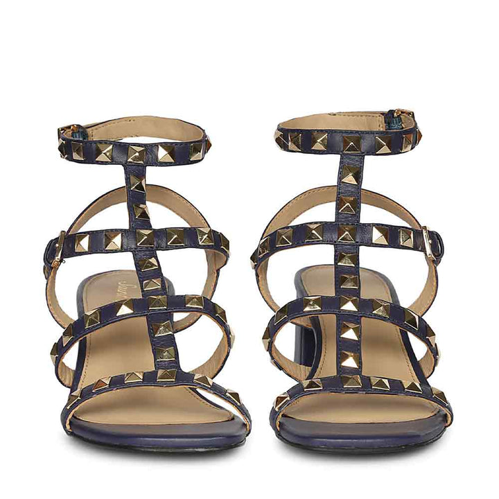 Saint Angela Gold Metal Double Buckle Navy Block Heels