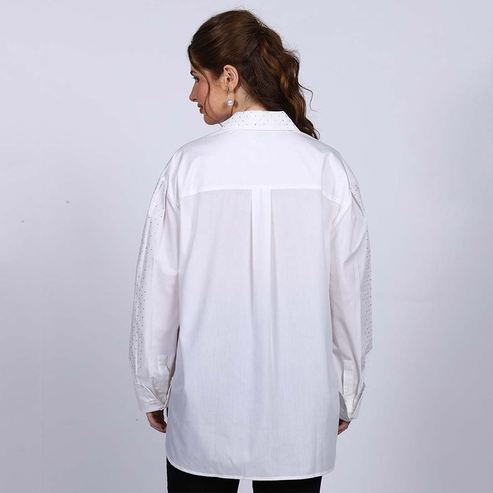 Saint Florence White Crystal Embellished Cotton Shirt