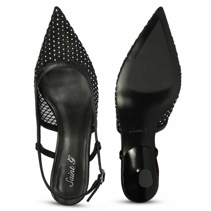 Saint Twila Crystal Embellished Black Leather Slingbacks
