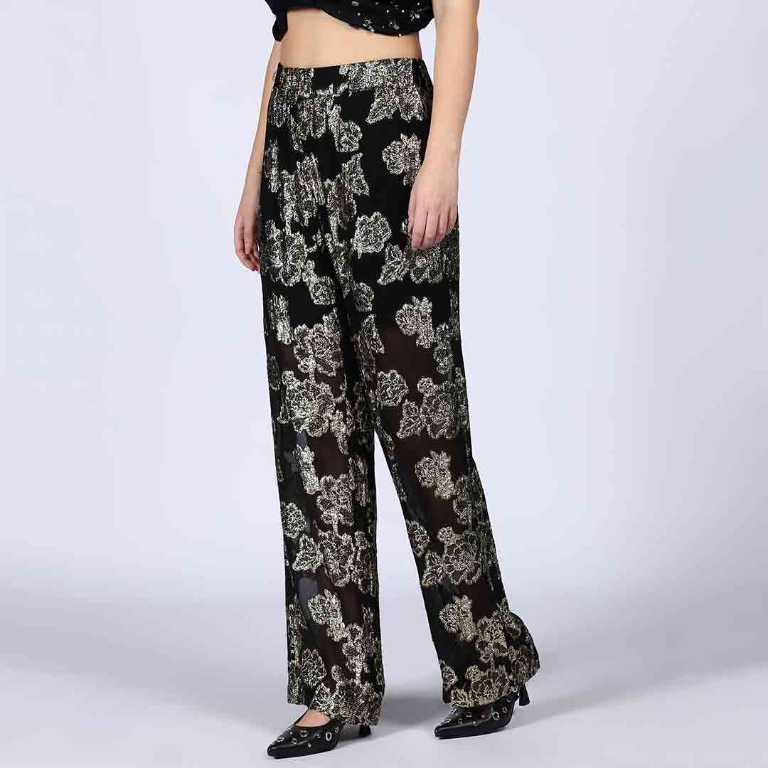 Saint Celeste Floral Lurex Crepe Wide-Leg Black Trousers