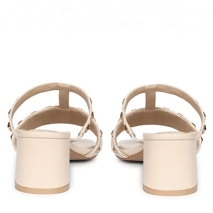 Saint Zafira Pyramid Stud Raffia Beige Leather Block Heels