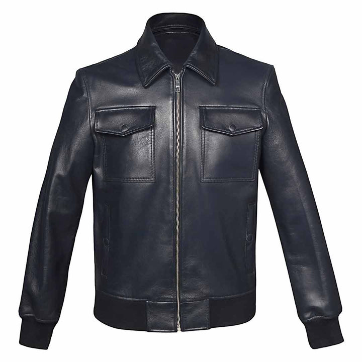 Saint Simon Blue Leather Men's Jacket With Collars