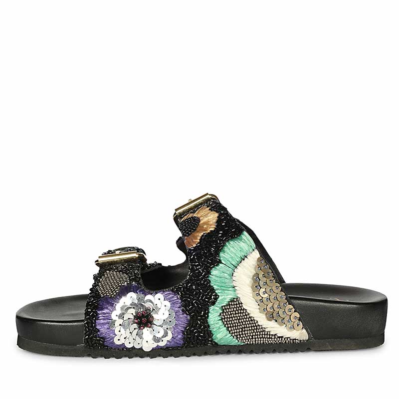 Saint Clio Hand Embroidered Black Leather Footbed Sandals