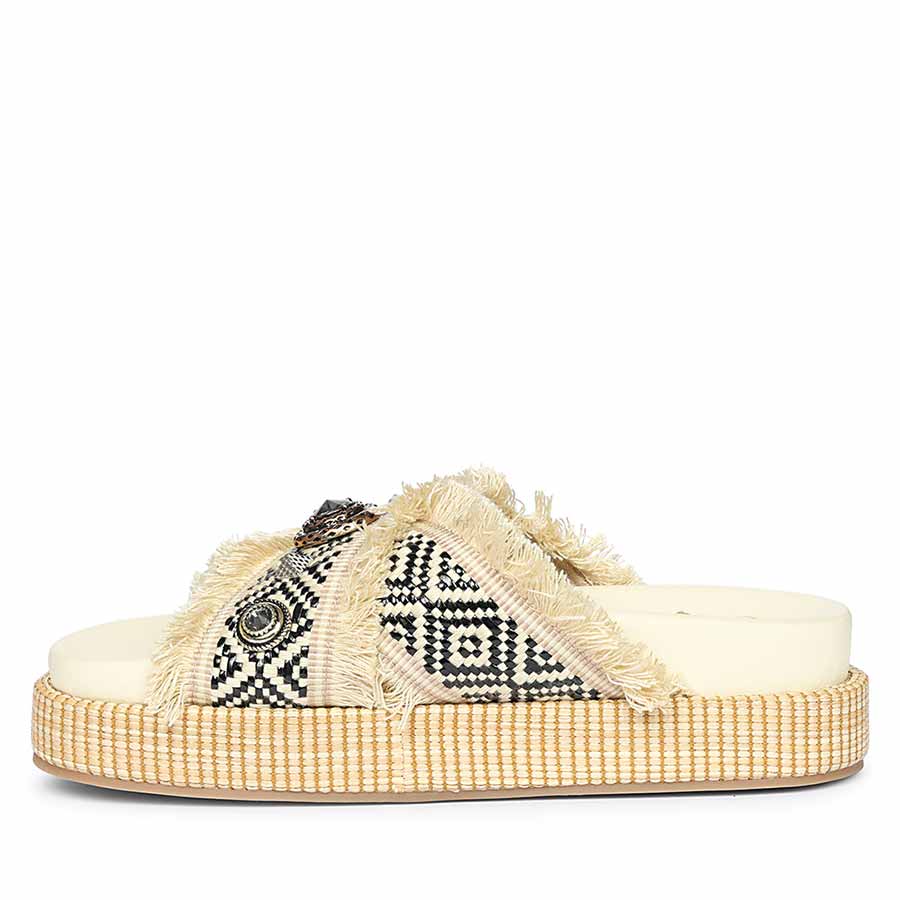 Saint Lenora Raffia Fringe Beige Leather Platform Sandals
