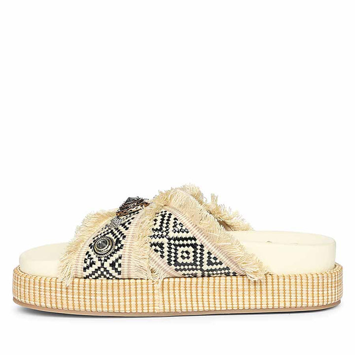 Saint Lenora Raffia Fringe Beige Leather Platform Sandals