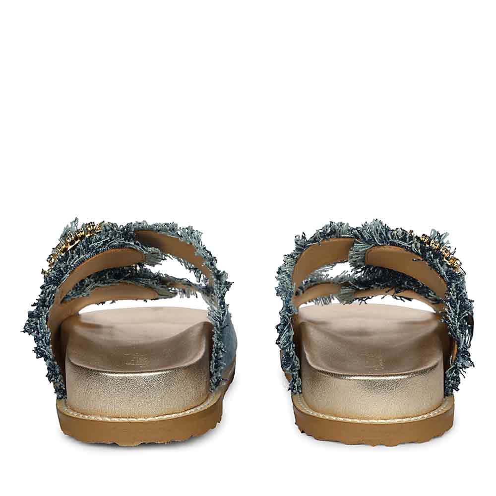 Saint Riviera Crystal Buckle Blue Denim Footbed Sandals