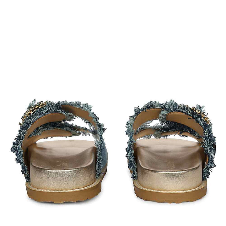 Saint Riviera Crystal Buckle Blue Denim Footbed Sandals