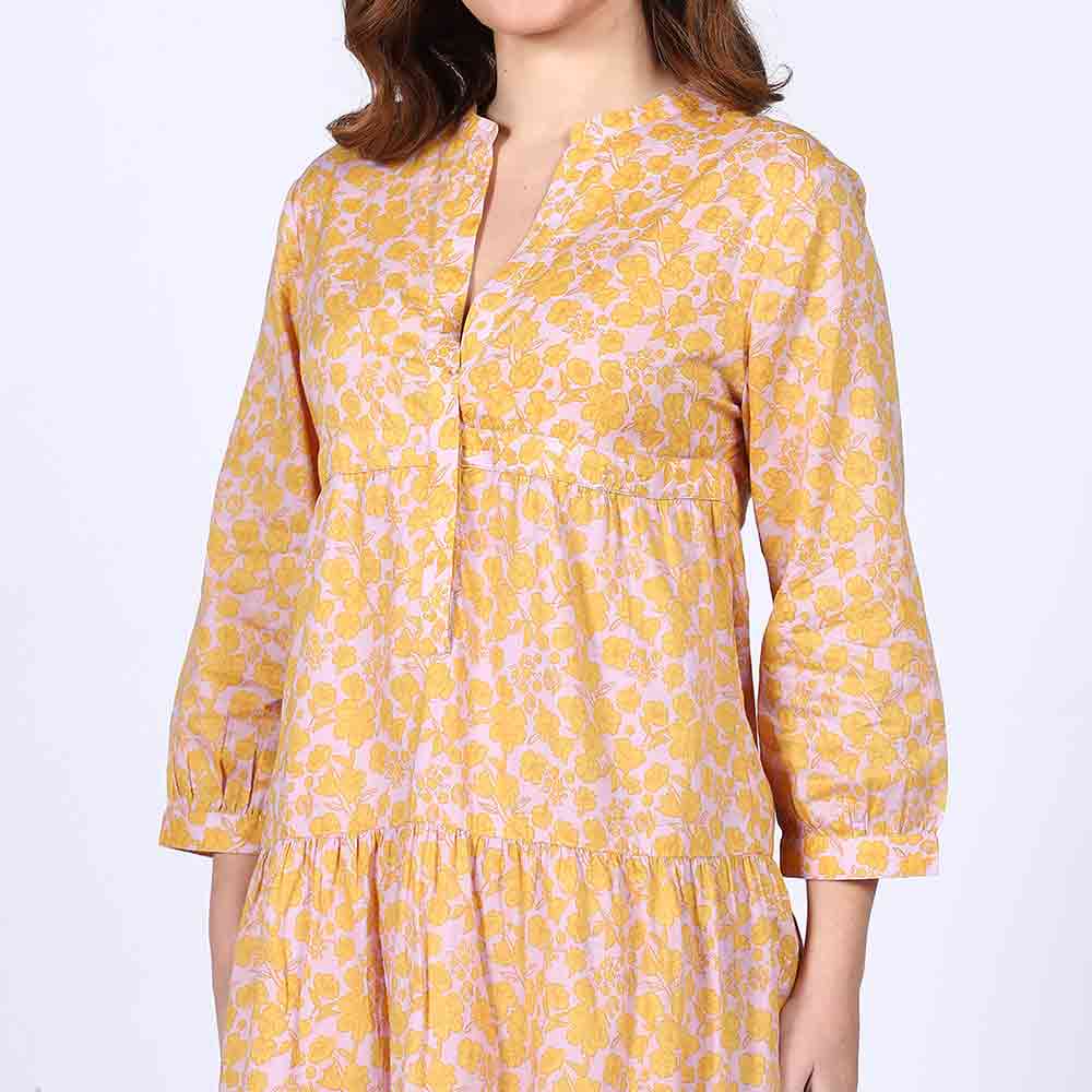 Saint Valentina Yellow Multicolour Tiered Cotton Maxi Dress