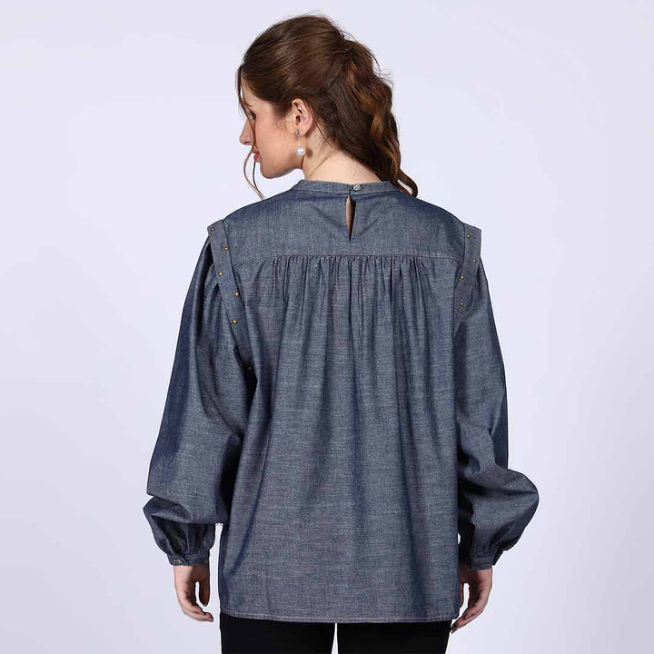 Saint Hazel Grey Cotton Chambray Top