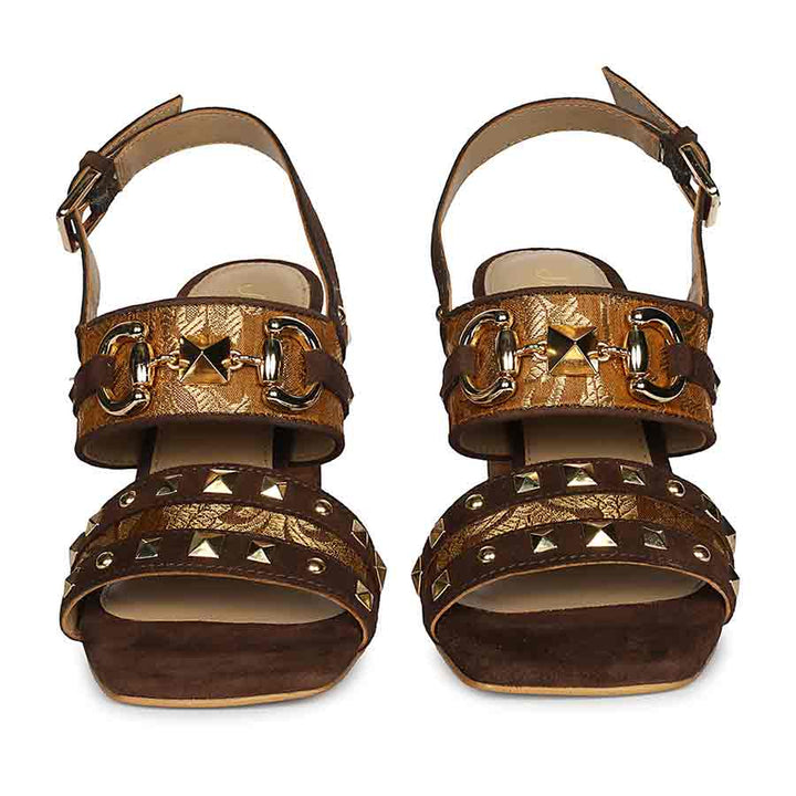 Saint Larisa Embellished Dark Brown Leather High Block Heels