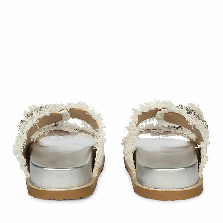 Saint Riviera Crystal Buckle White Denim Footbed Sandals