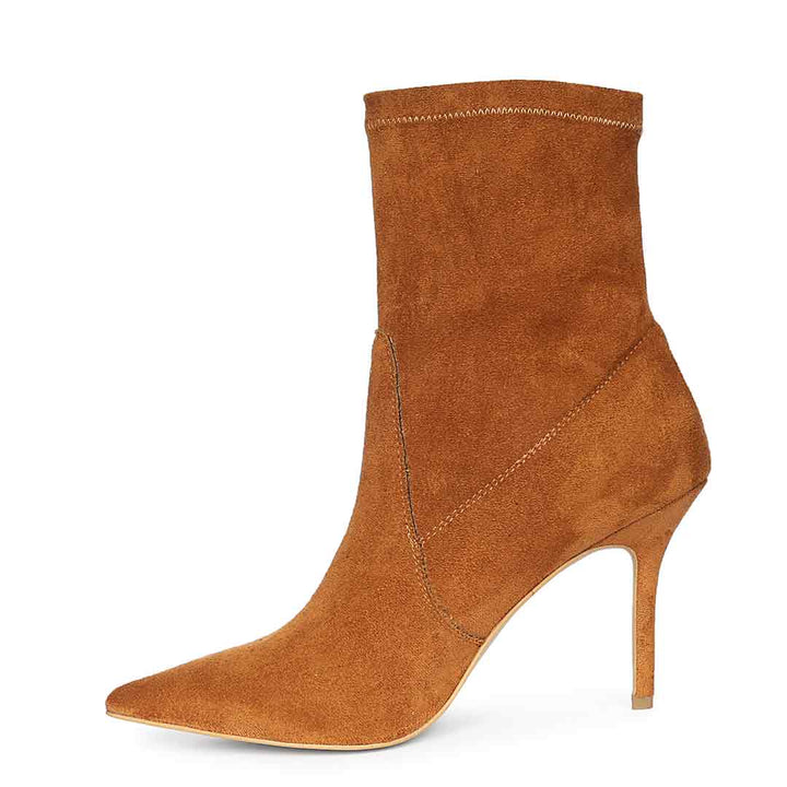 Saint Jaime Stretch Tan Suede Stiletto Heel Ankle Boots