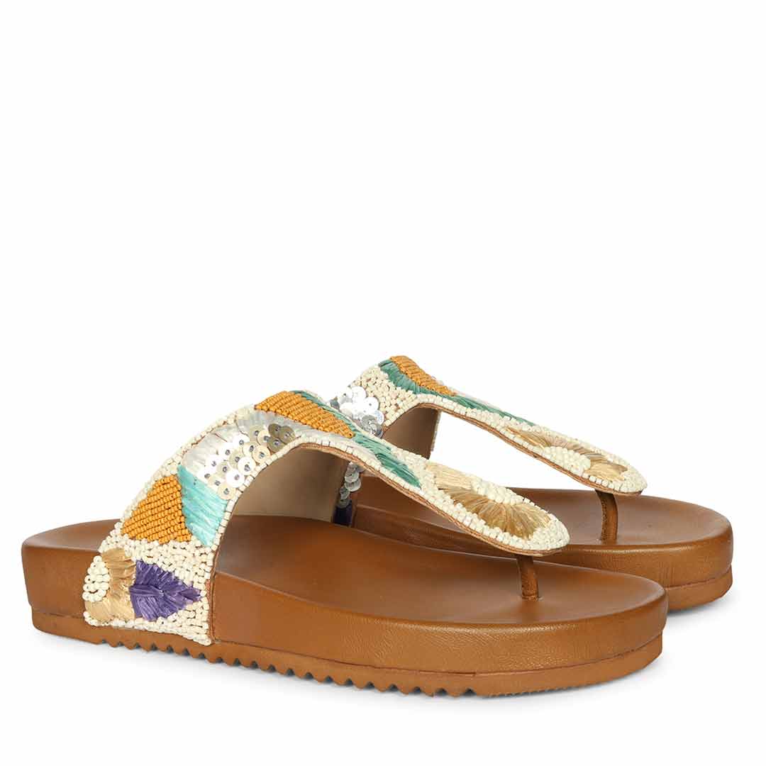 Saint Zaria Embroidered Tan Leather Thong Footbed