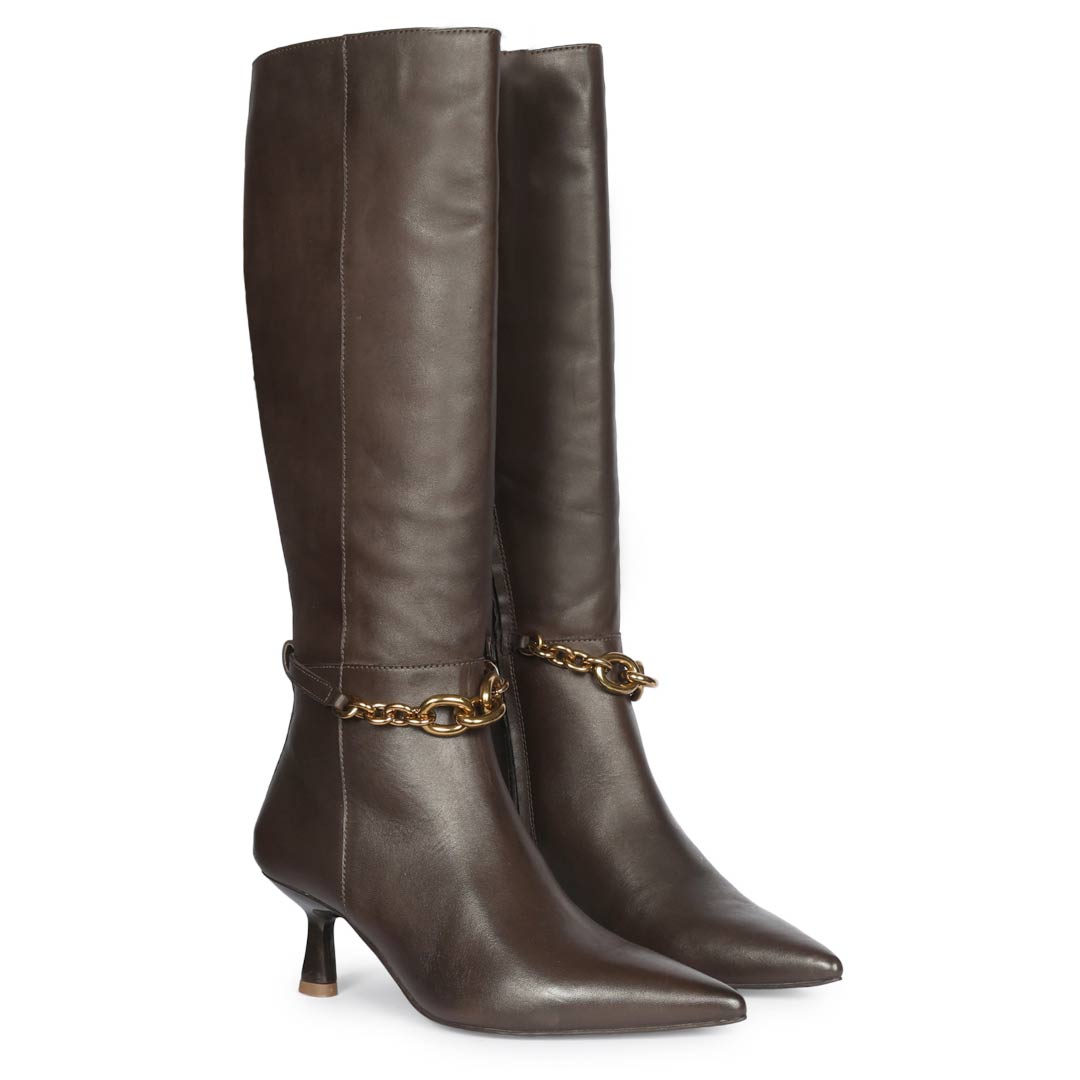 Saint Freya Chain Embellished Brown Leather Long Boots