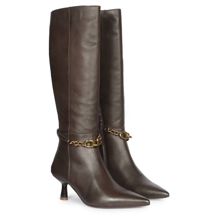 Saint Freya Chain Embellished Brown Leather Long Boots