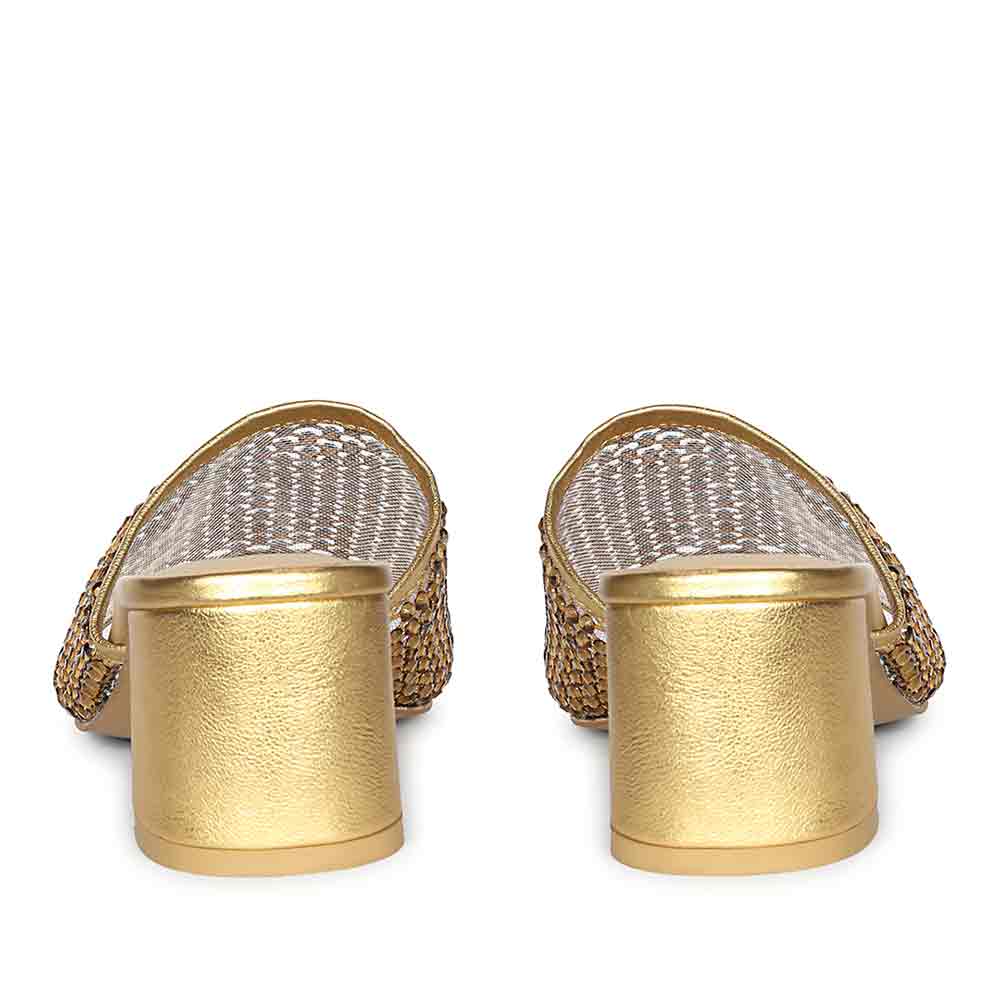 Saint Valisa Crystal Gold Leather Block Heels