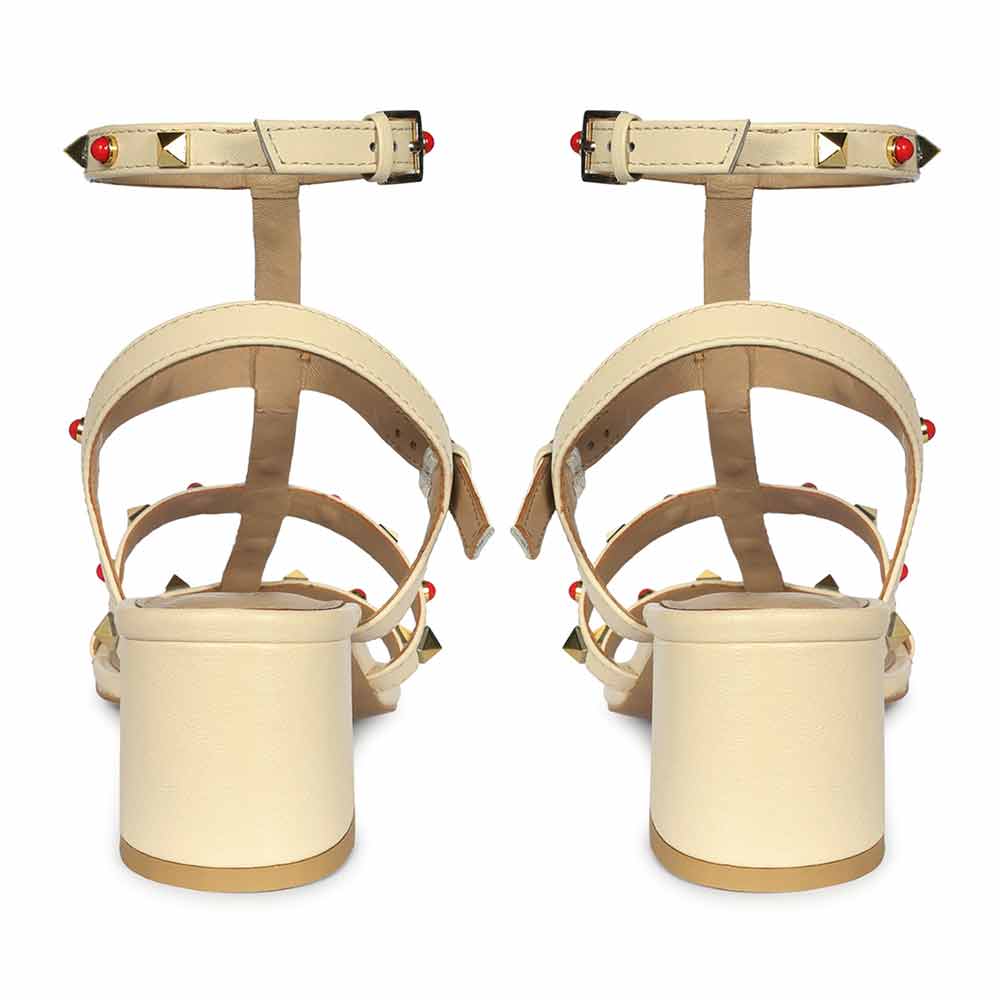 Saint Lucien Off White Leather Studded Gladiator Block Heels