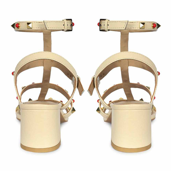 Saint Lucien Off White Leather Studded Gladiator Block Heels